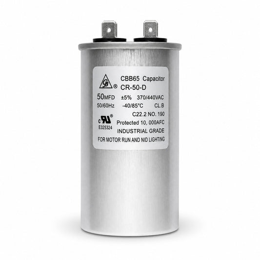 Capacitor de trabajo Grupo Barreto CR-50-D de 50 MFD 370/440V para aire acondicionado y motores eléctricos.