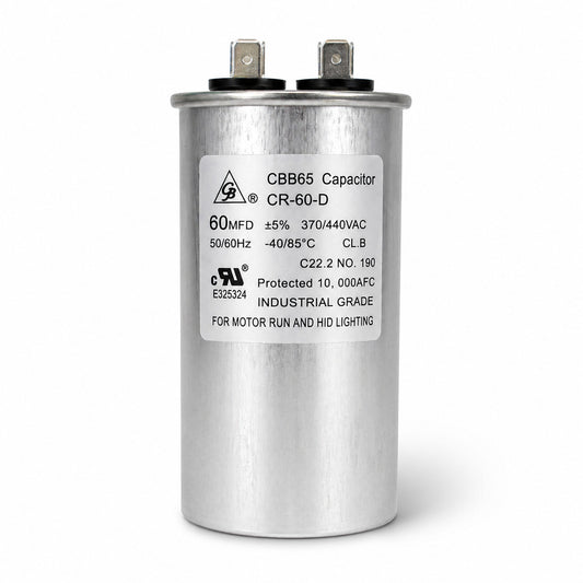 Capacitor de trabajo Grupo Barreto CR-60-D de 60 MFD 370/440V para aire acondicionado y motores eléctricos.