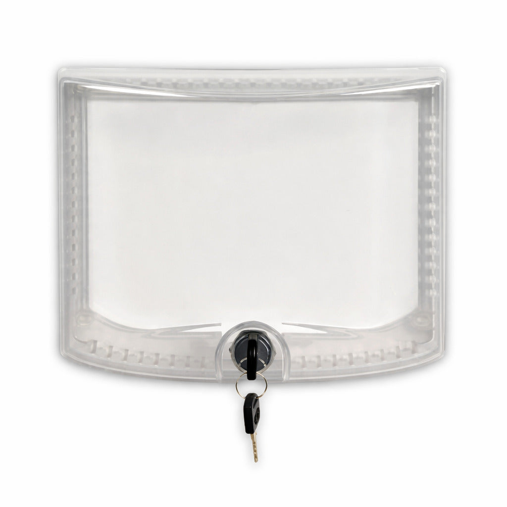 Guarda protectora transparente Braeburn modelo 5970 para termostatos medianos con cerradura y llave metálica.