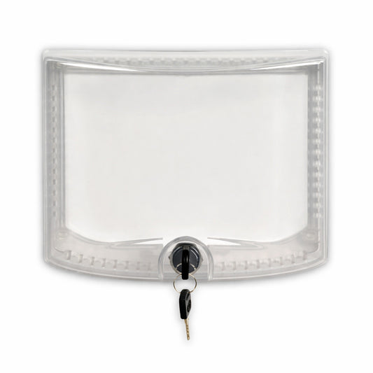 Guarda protectora transparente Braeburn modelo 5970 para termostatos medianos con cerradura y llave metálica.