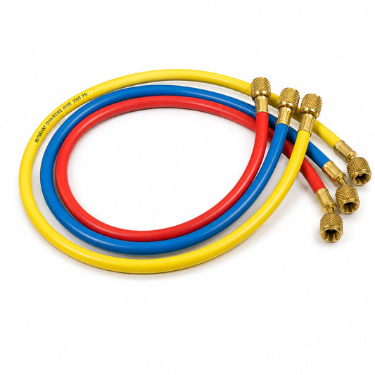 Juego de 3 mangueras JB Industries Kobra® CCL-60 de 1/4 x 60 pulgadas para carga de refrigerante en sistemas de aire acondicionado y refrigeración HVAC.