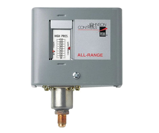 Control de presión alta Johnson Controls P170DA-400C con reset manual, capilar de 36 pulgadas y conexión 1/4 SAE Flare.