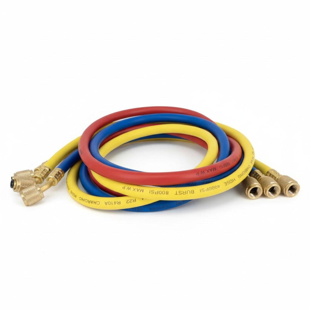 Juego de tres mangueras para manómetro de refrigeración medida 60 pulgadas compatibles con gas R410 marca ERO Internacional.