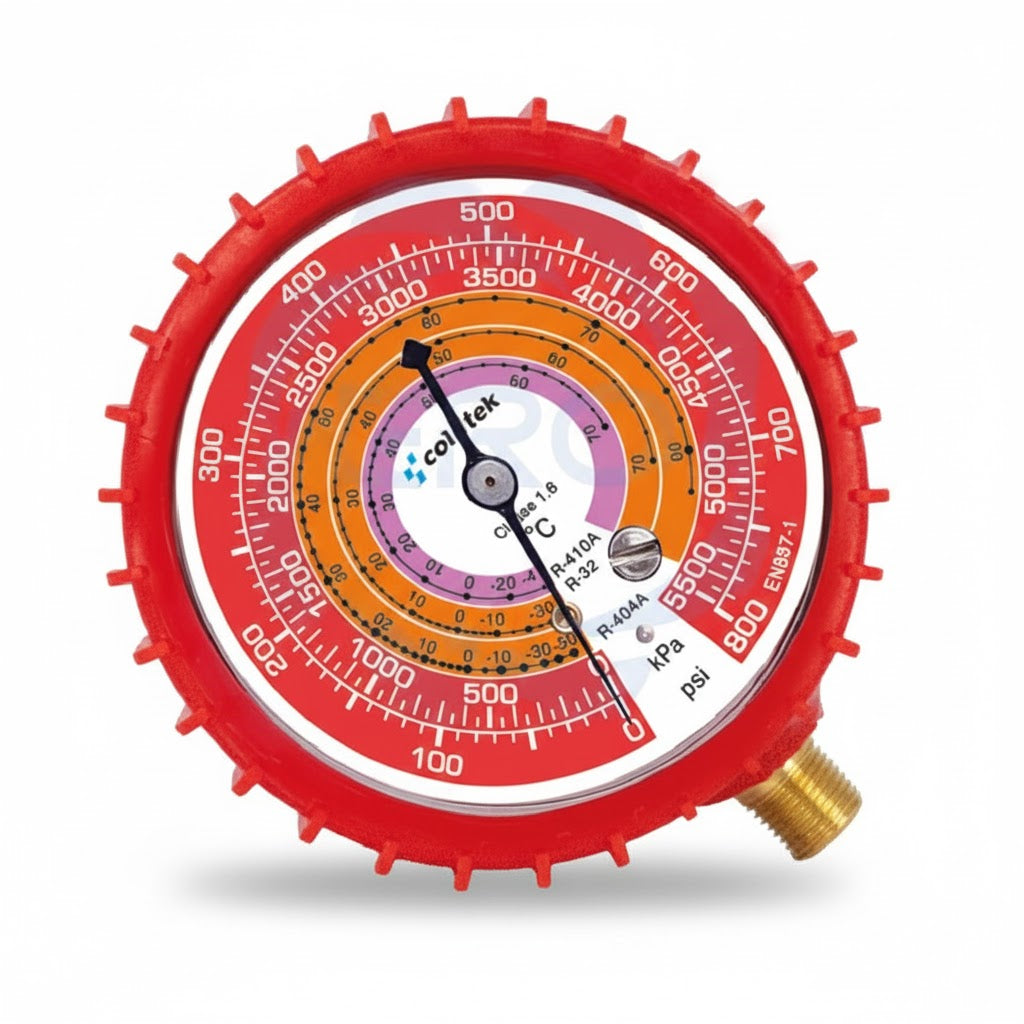 Reloj manómetro de alta presión para refrigerantes R410A, R404A y R22 marca ERO Internacional con protector rojo antigolpes.