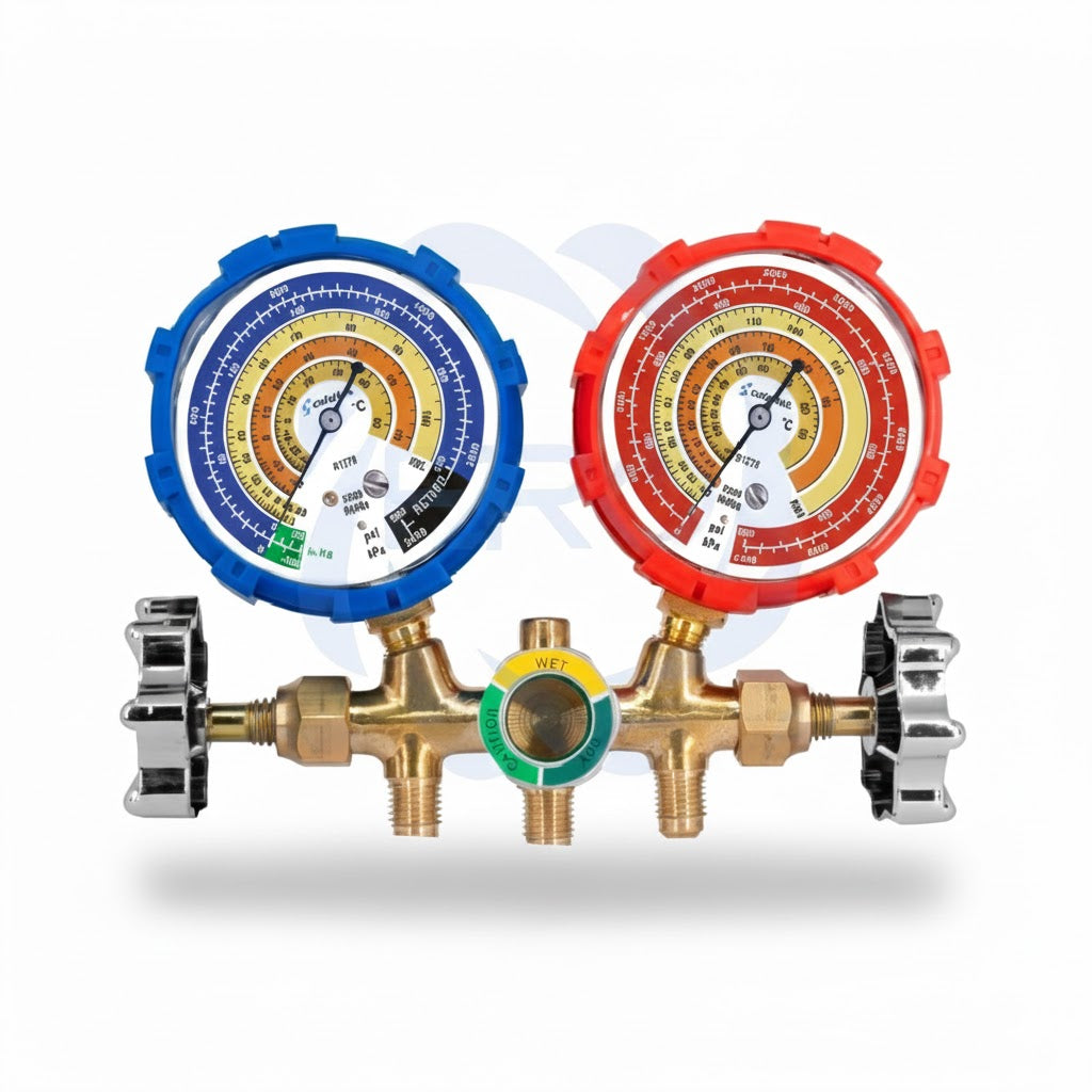 Manómetro manifold profesional para refrigerantes naturales R600 y R290 con juego de mangueras de 60 pulgadas marca ERO Internacional.