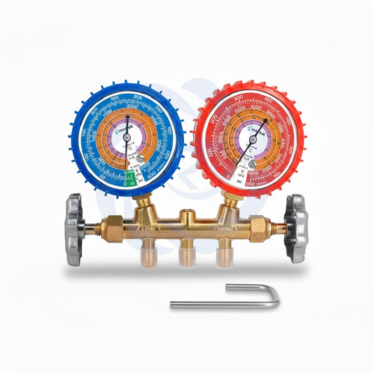 Juego de manómetro manifold profesional para refrigerantes R410A, R22 y R404 con mangueras de 60 pulgadas marca ERO Internacional.