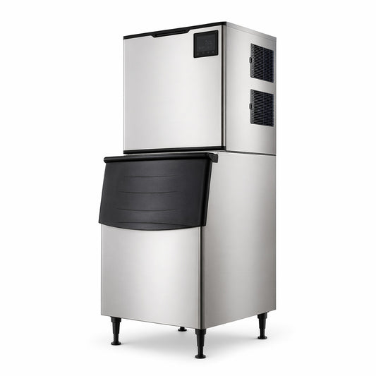 Máquina de hielo vertical GS Group modelo SK-528 de 225 kg de capacidad diaria con depósito bin 375 para almacenamiento de 170 kg.