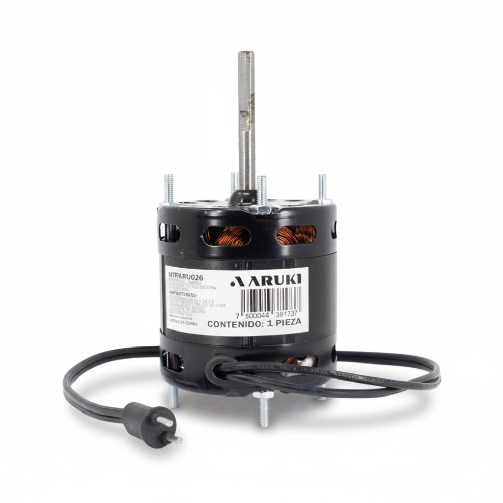 Motor eléctrico Aruki de 1/15 HP, 110V, 1550 RPM con eje extendido de 67mm marca ERO Internacional.