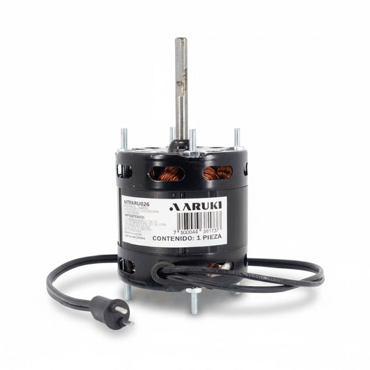 Motor eléctrico Aruki de 1/15 HP, 110V, 1550 RPM con eje extendido de 67mm marca ERO Internacional.