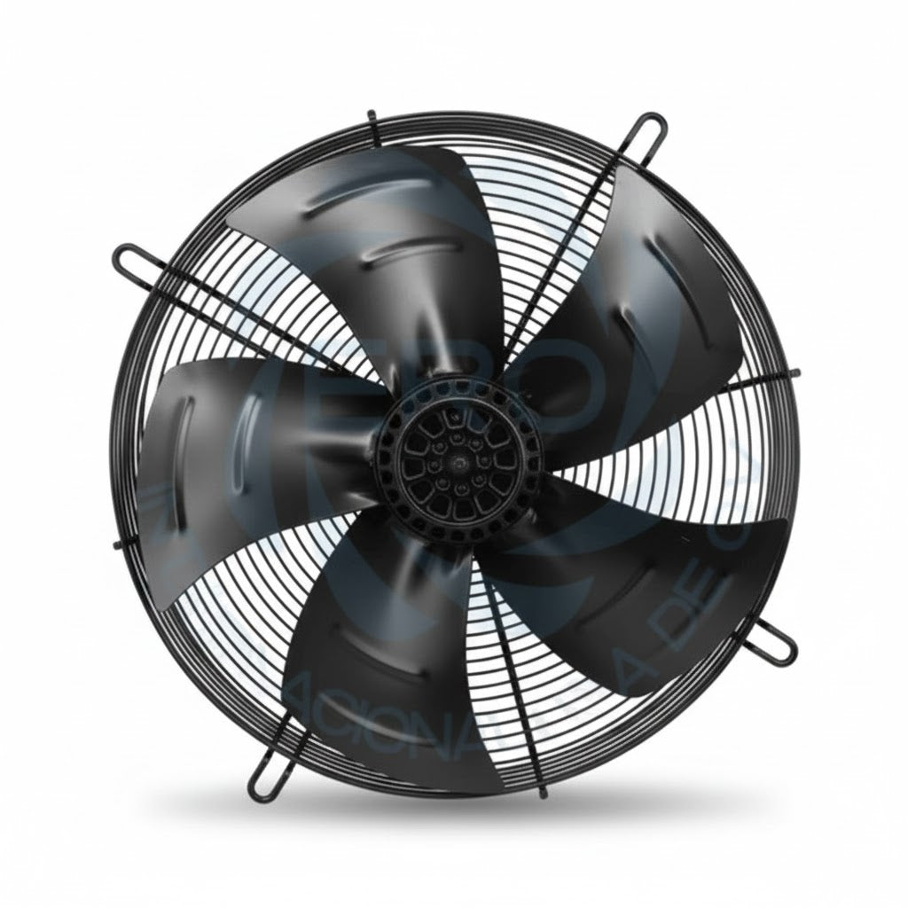 Motor axial monofásico con difusor de 400 mm, 270W y velocidad de 1510 RPM marca ERO Internacional para ventilación industrial.