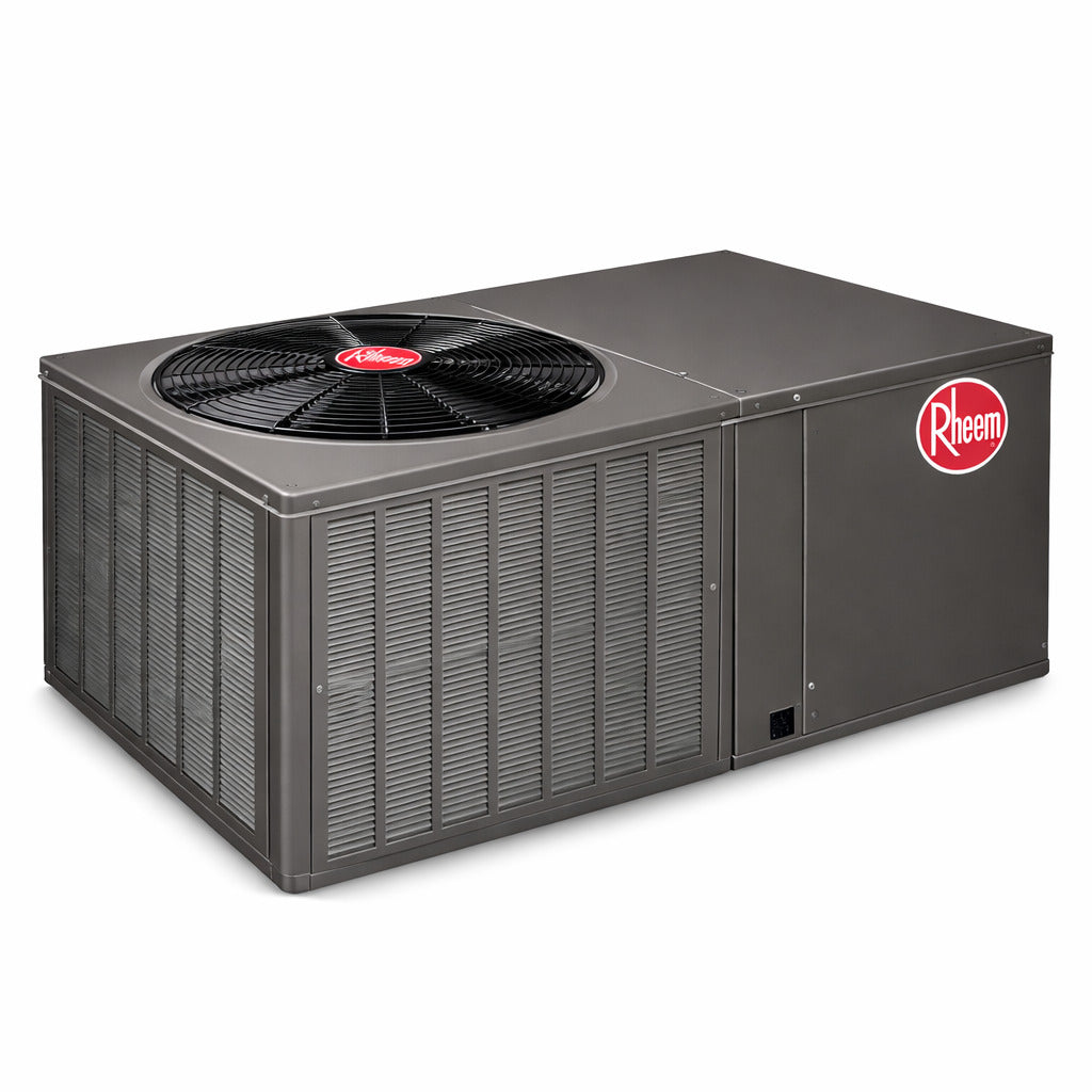 Unidad tipo paquete Rheem modelo RQPMA060JK000 de 5 Toneladas con función bomba de calor y eficiencia 14 SEER.