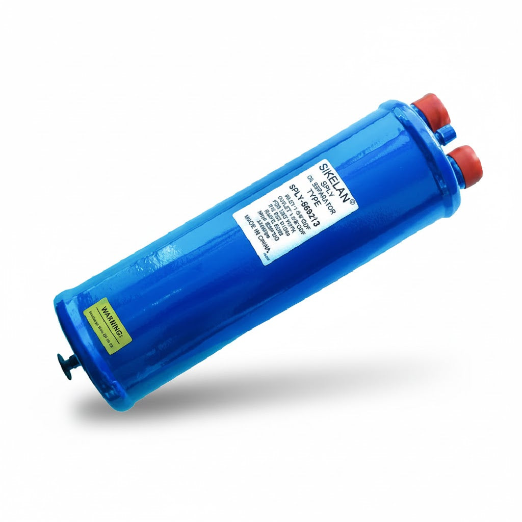 Separador de aceite industrial sellado con conexión de 1 5/8 de pulgada marca ERO modelo ERO-SDACRF008 para protección de compresor.