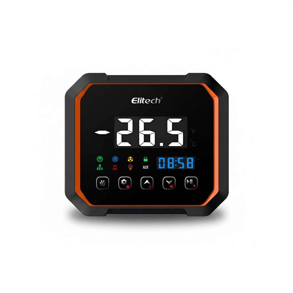 Tablero de comando monofásico Elitech modelo LS-200 con pantalla digital, conectividad WiFi/Bluetooth y 3 sensores para control de refrigeración industrial.