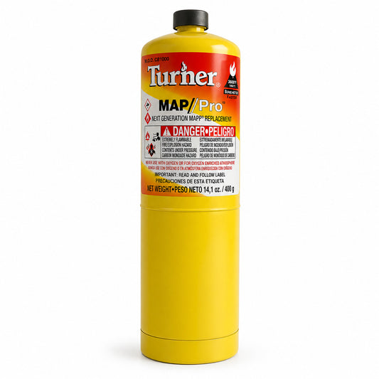 Tanque de gas MAP-Pro QTX10 Turher de 400 gramos para soldadura en refrigeración y plomería.