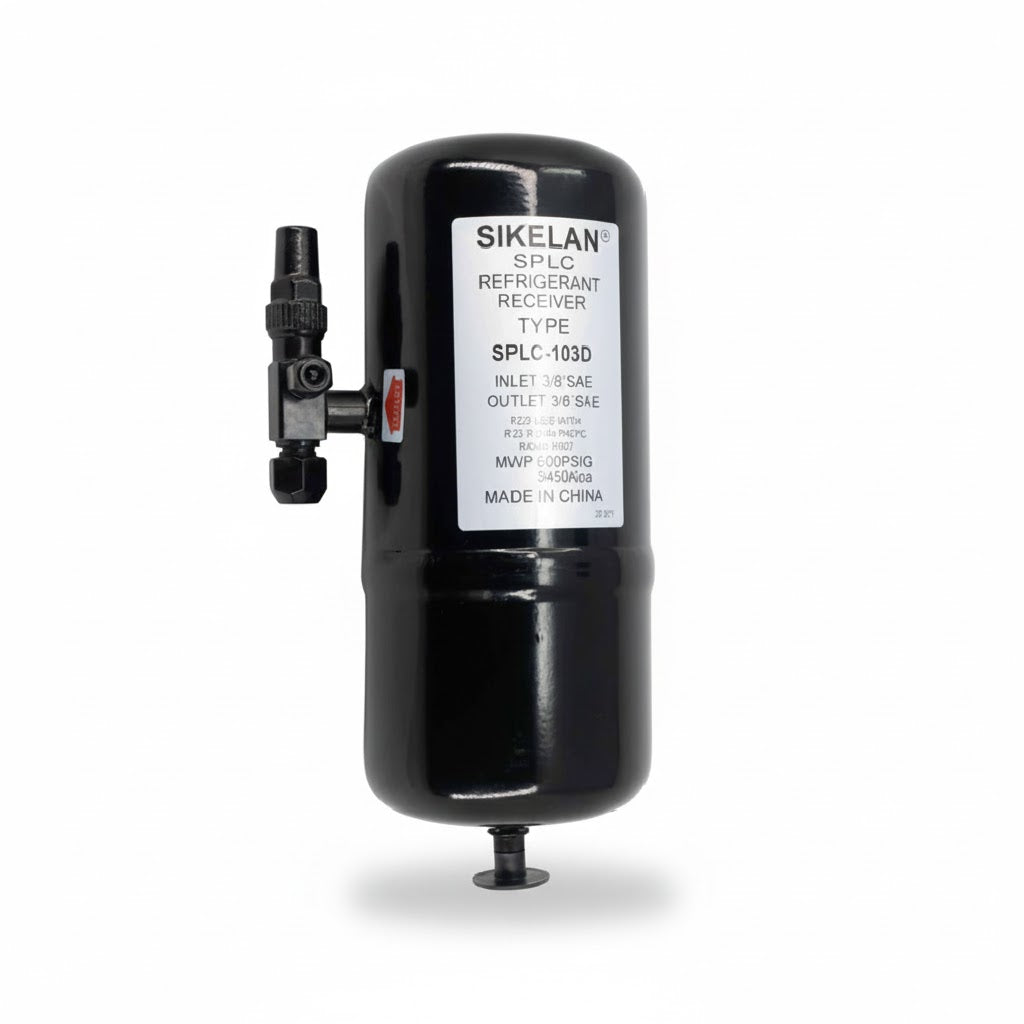 Tanque recibidor de líquido vertical de 3 litros con conexiones de 3/8 de pulgada marca ERO para sistemas de refrigeración.