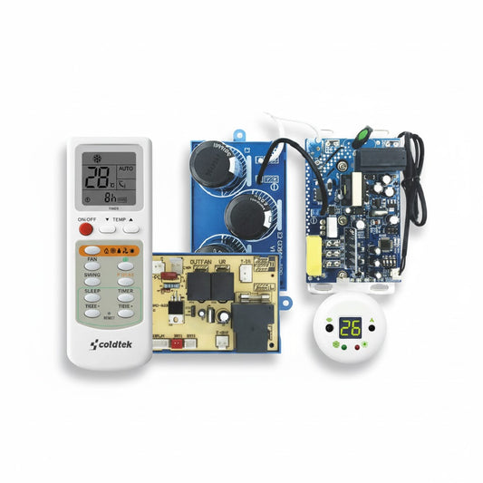 Kit de tarjeta electrónica universal para minisplit inverter de 1 tonelada marca ERO con accesorios y control remoto.