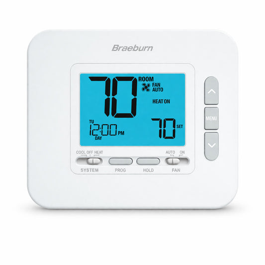 Termostato programable Braeburn modelo 2030 con pantalla azul retroiluminada y opciones de programación flexible para sistemas de 1 etapa.