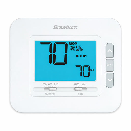 Termostato digital no programable Braeburn modelo 1030 con pantalla retroiluminada para sistemas de 1 etapa de calor y frío.