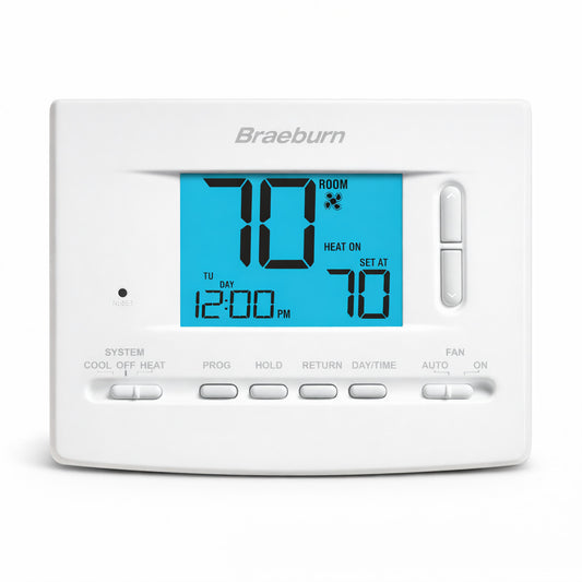 Termostato programable Braeburn modelo 2020 con pantalla retroiluminada y programación de 5-2 días para sistemas de 1 etapa.