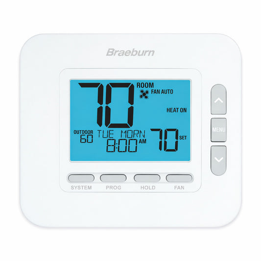 Termostato programable Braeburn modelo 2232 con pantalla azul y función de cambio automático para sistemas de 3 etapas de calor y 2 de frío.