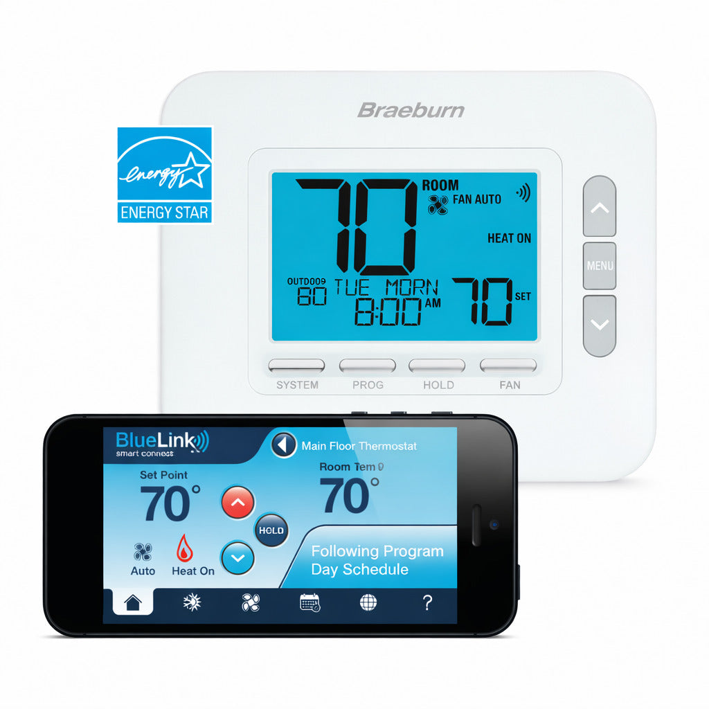 Termostato táctil inteligente Braeburn modelo 8205 con conectividad WiFi BlueLink y certificación Energy Star para sistemas multietapa.