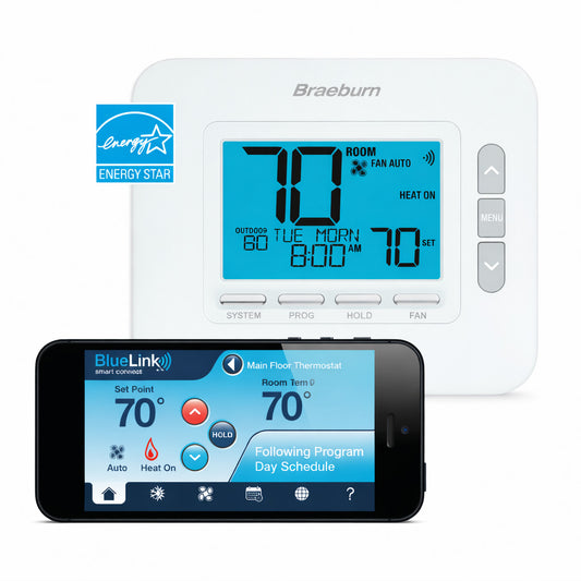 Termostato táctil inteligente Braeburn modelo 8205 con conectividad WiFi BlueLink y certificación Energy Star para sistemas multietapa.