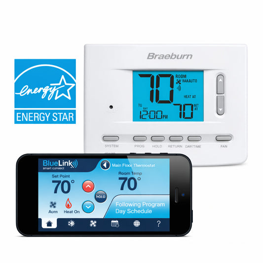 Termostato inteligente Braeburn modelo 7205 con conectividad WiFi BlueLink y pantalla de 5 pulgadas para sistemas multietapa.