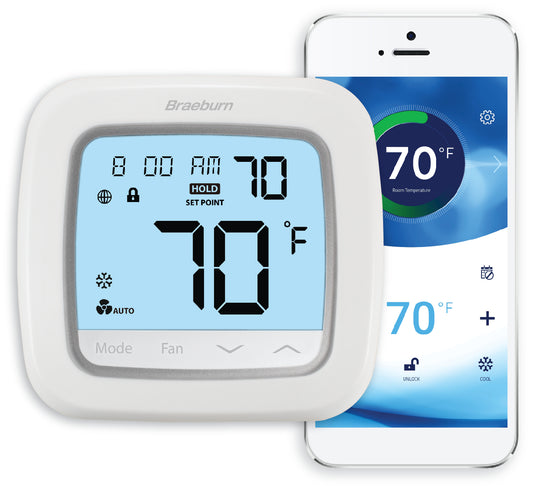 Termostato inteligente Braeburn modelo ST920WF con pantalla táctil y conectividad WiFi para sistemas multietapa de calefacción y refrigeración.