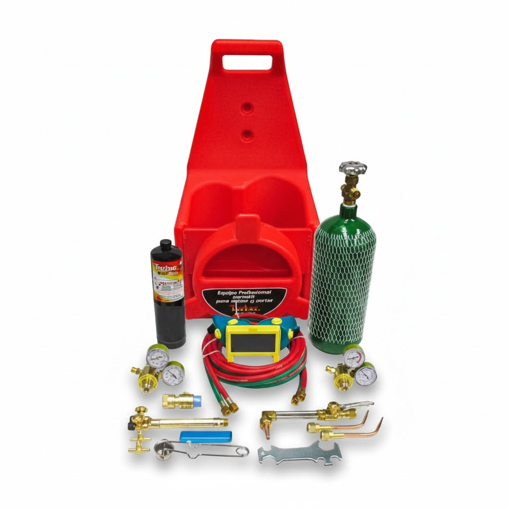Equipo completo de oxicorte portátil Turner modelo GB-OXK081 con cilindros y carrito rojo de transporte.