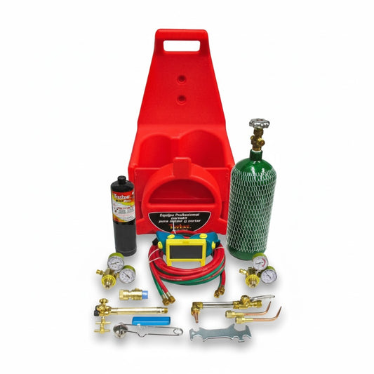 Equipo completo de oxicorte portátil Turner modelo GB-OXK081 con cilindros y carrito rojo de transporte.