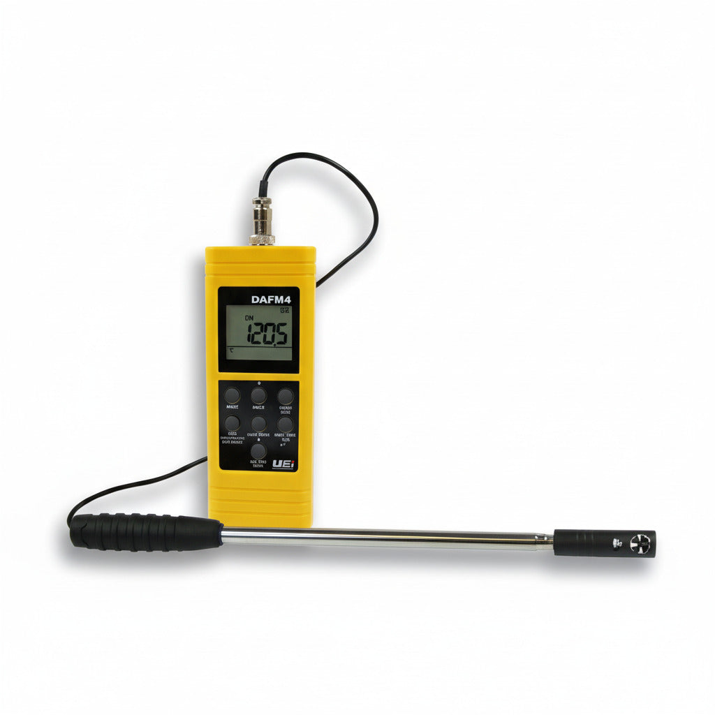 Anemómetro digital de paleta mínima UEi DAFM4 con sonda para medición de flujo de aire en conductos.