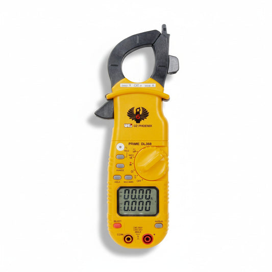 Amperímetro de gancho digital UEi DL369 amarillo para mediciones eléctricas profesionales de corriente y voltaje.