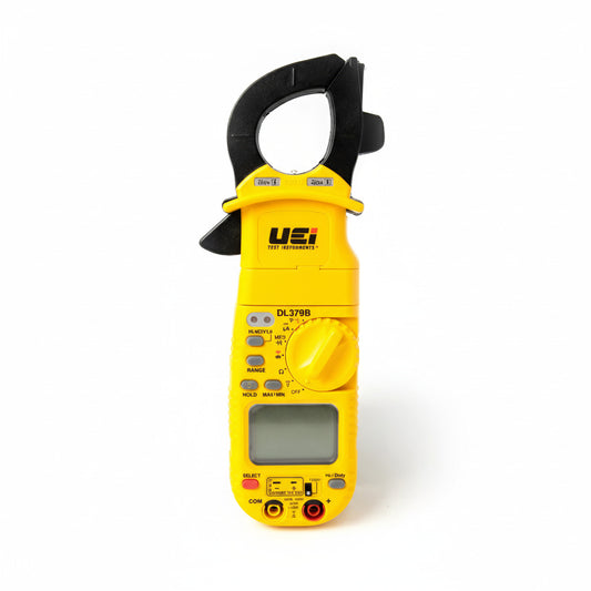 Medidor de pinza digital profesional UEi DL379B con doble pantalla para mediciones eléctricas y de climatización.