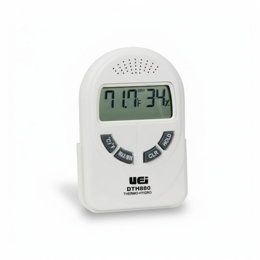 Termohigrómetro digital UEi DTH880 para monitoreo de temperatura y humedad en interiores con pantalla LCD.