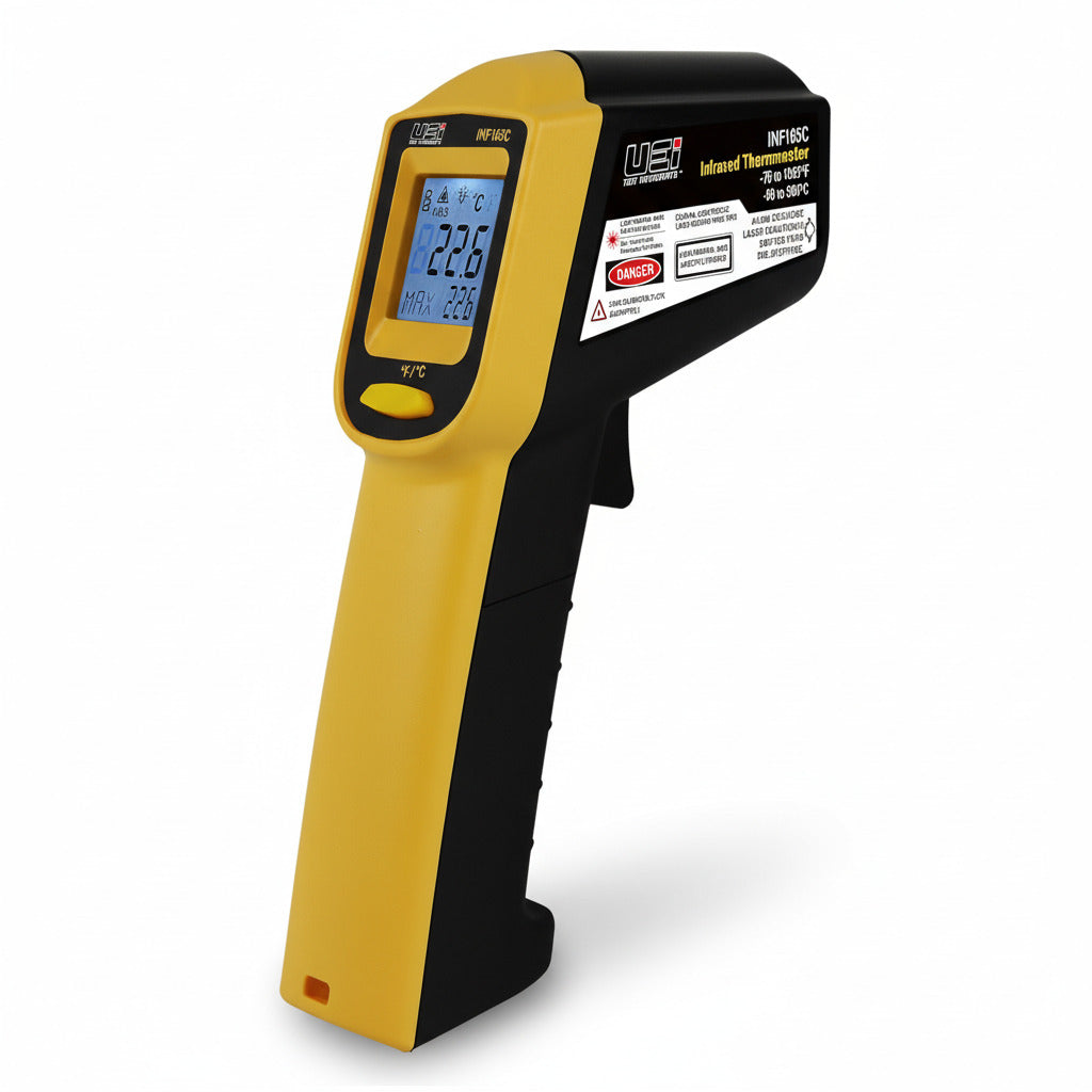 Termómetro infrarrojo digital UEi INF165C con puntero láser y pantalla LCD para mediciones industriales.