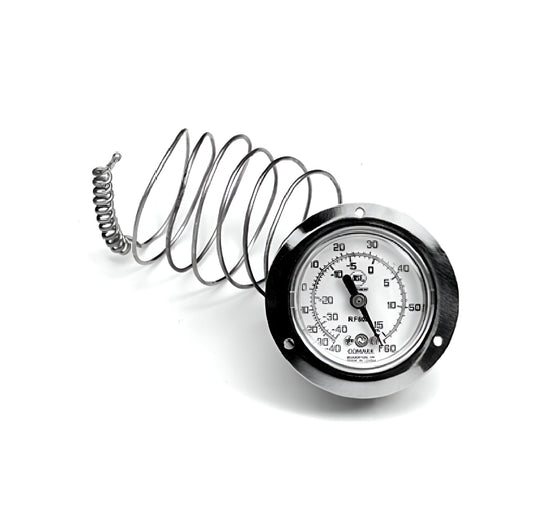 Termómetro redondo de dial UEi RF60A de acero inoxidable para monitoreo de temperatura en cuartos fríos y congeladores.