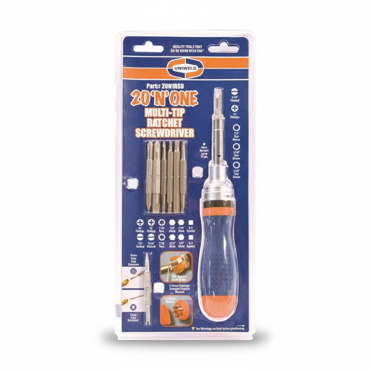 Destornillador profesional de trinquete 20 en 1 Uniweld UNI-20N1RSD con puntas intercambiables para HVAC.