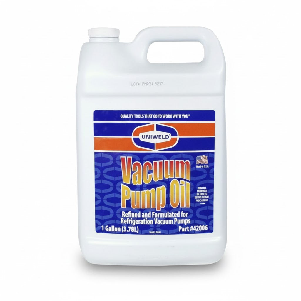 Garrafa de aceite profesional para bomba de vacío Uniweld UNI-42006 de un galón para mantenimiento industrial HVAC.