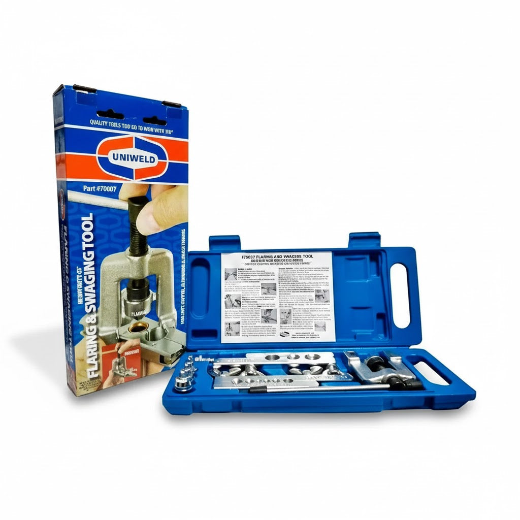 Juego completo de herramientas de abocardado y expansión Uniweld UNI-70007 en maletín azul para técnicos de refrigeración.