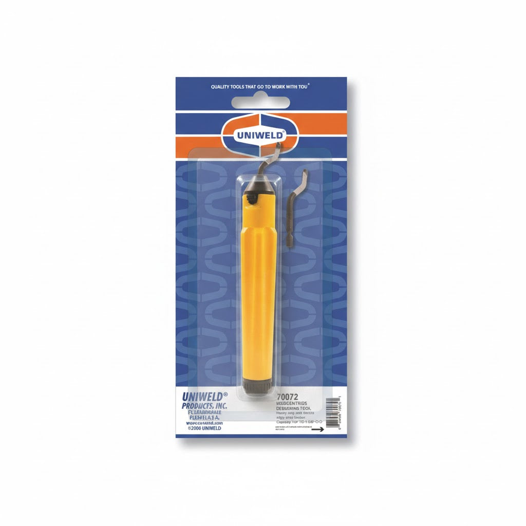 Herramienta quita rebaba profesional Uniweld UNI-70072 tipo pluma en color amarillo para técnicos de HVAC.