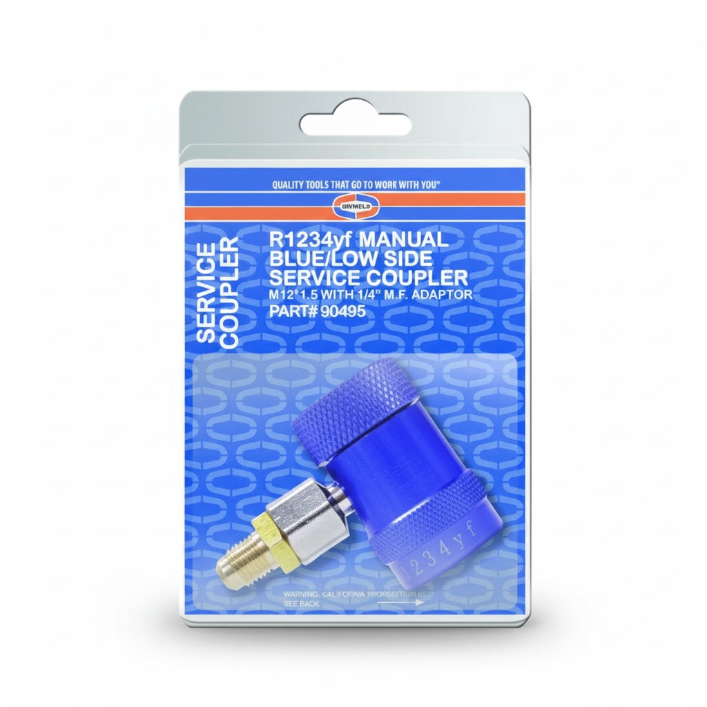 Cople rápido manual Uniweld UNI-90495 para puerto de baja presión R1234yf con perilla azul de seguridad.