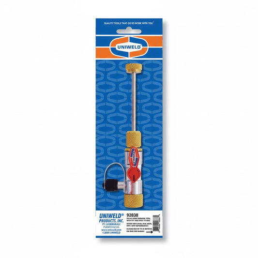 Herramienta profesional Uniweld UNI-92838 para remover núcleos de válvulas de 1/4 pulgada bajo presión.