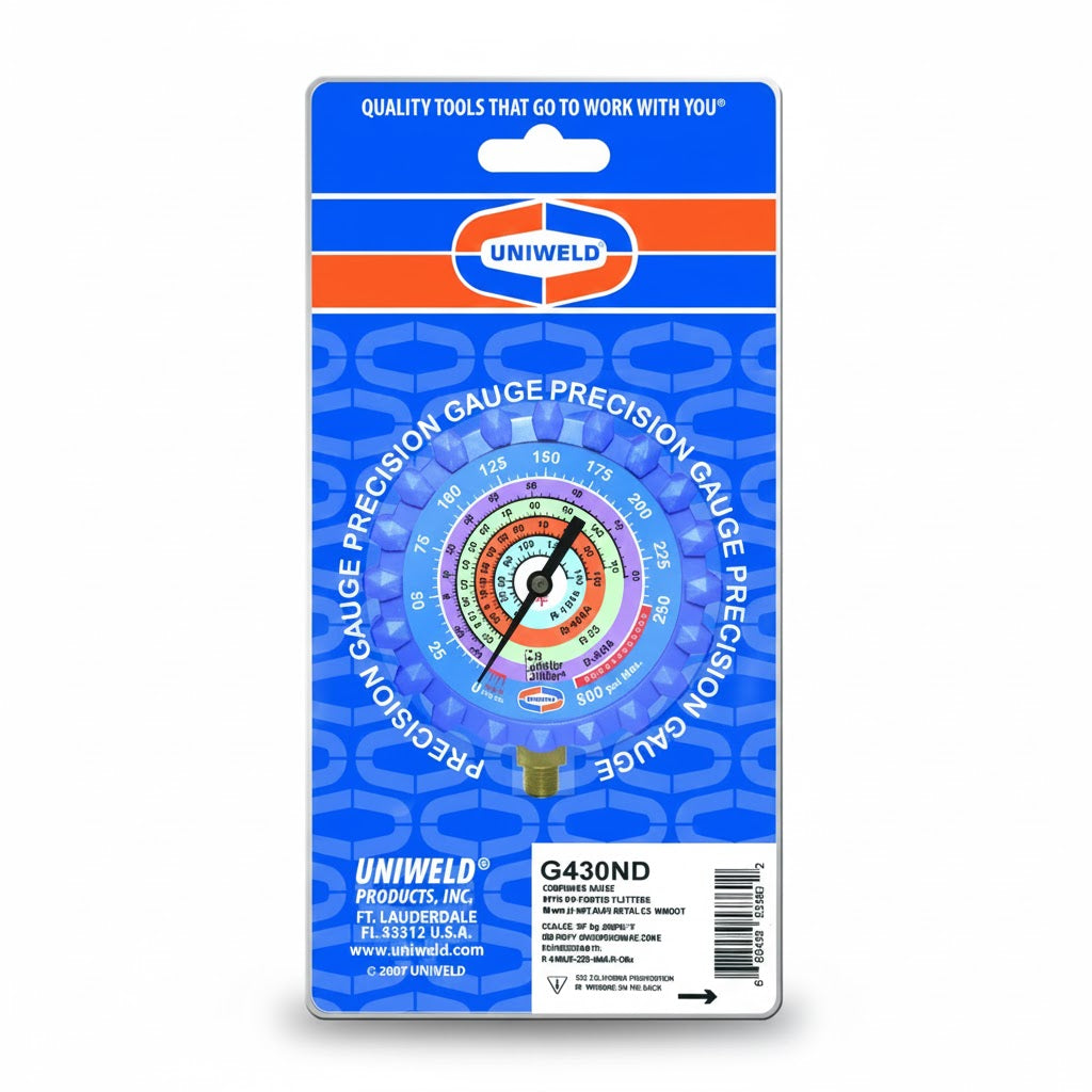Manómetro de baja presión profesional Uniweld UNI-G430ND de 3-1/8 pulgadas en color azul para R-410A, R-22 y R-404A.