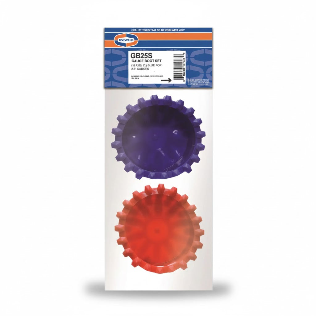 Juego de protectores de hule originales Uniweld UNI-GB25S en colores rojo y azul para manómetros de 2.5 pulgadas.