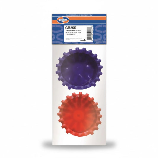 Juego de protectores de hule originales Uniweld UNI-GB25S en colores rojo y azul para manómetros de 2.5 pulgadas.