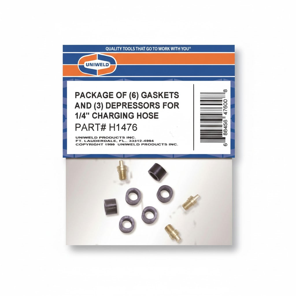 Paquete original Uniweld UNI-H1476 con 6 empaques negros y 3 opresores metálicos para mangueras de carga de 1/4 de pulgada.