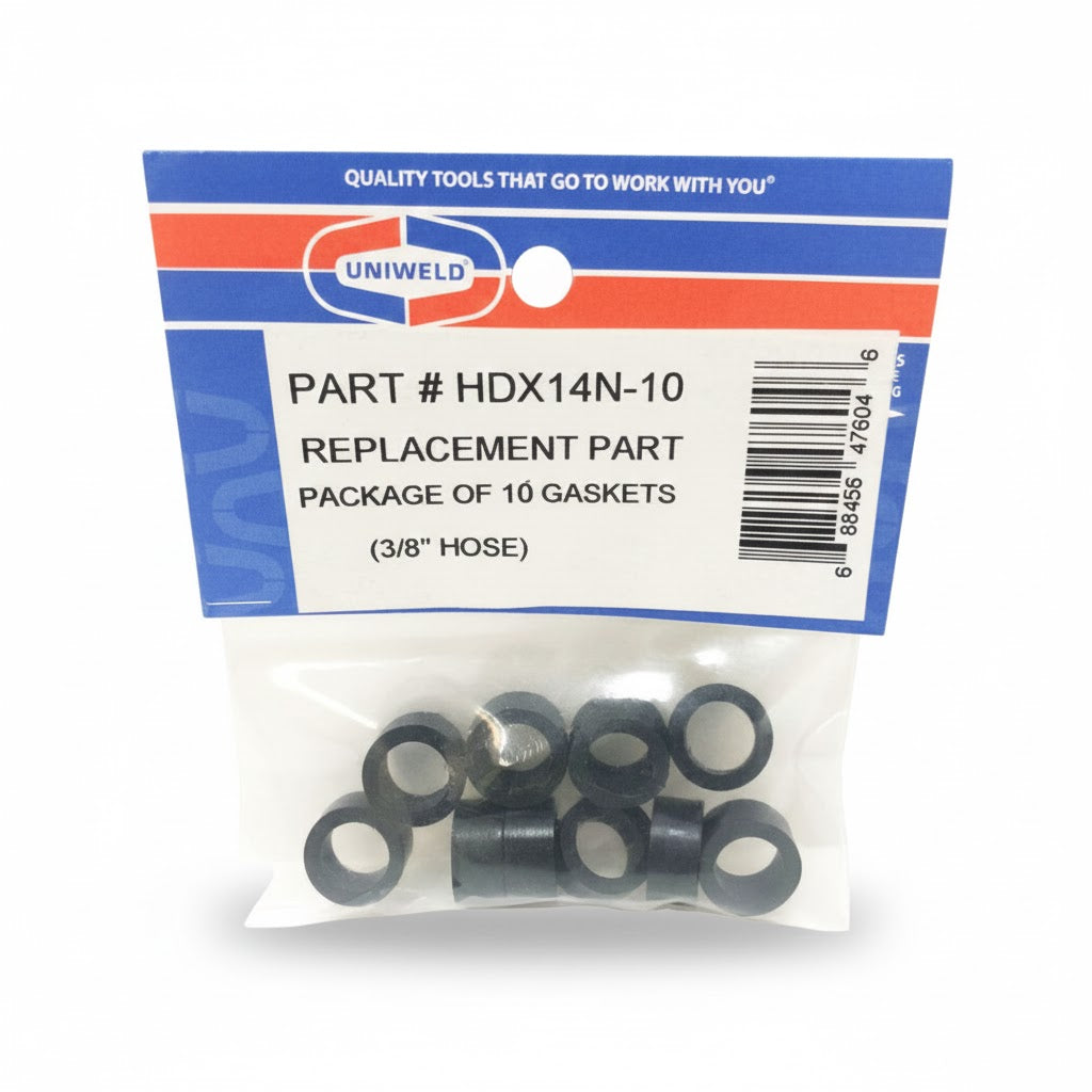 Paquete de 10 juntas negras de neopreno originales Uniweld UNI-HDX14N10 para sellado de mangueras de carga.
