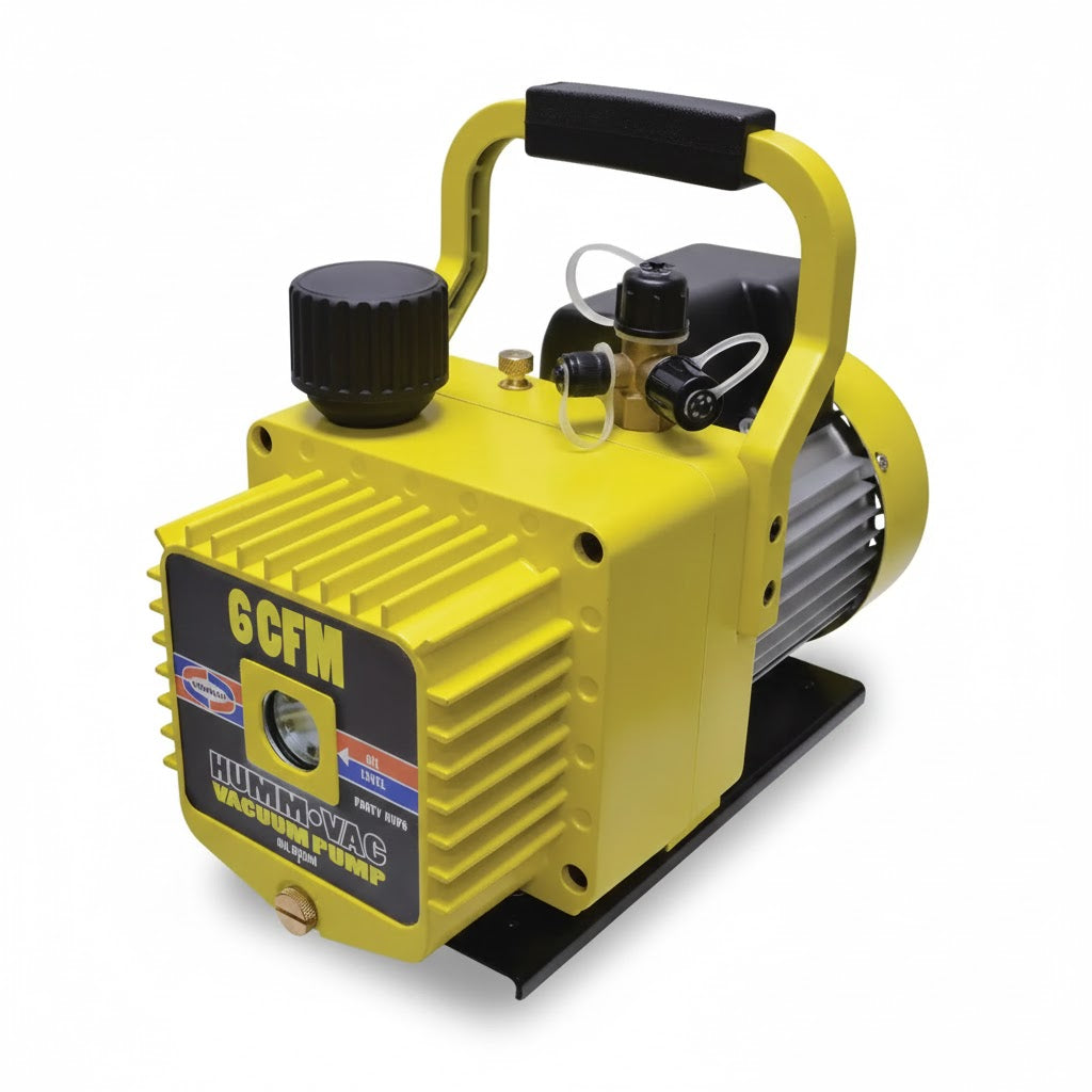 Bomba de vacío profesional Uniweld UNI-HVP6 de 6 CFM y 2 etapas en color amarillo para refrigeración.