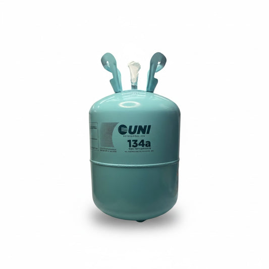 Cilindro de gas refrigerante R-134a profesional Uniweld de 13.6 kilogramos en envase color verde claro.