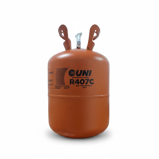 Cilindro de gas refrigerante R-407C original Uniweld de 11.34 kilogramos en envase color café para aire acondicionado.